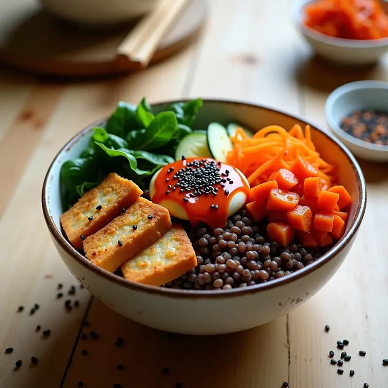 Bowl de bibimbap coreano vegano sin gluten con arroz de trigo sarraceno, kimchi de col china fermentada, zanahorias salteadas, espinacas, champiñones shiitake, huevo de lino y semillas de sésamo negro y blanco esparcidas, servido en plato hondo de cerámica negra.