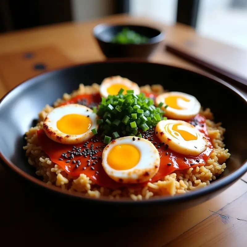 Plato hondo de cerámica negra con Bibimbap Coreano y Okonomiyaki fusionado: base crujiente de okonomiyaki morado, arroz integral especiado con gochujang, camarones dorados, huevos de codorniz con yema líquida, semillas de sésamo negro y cebollino fresco. Receta de fusión Japo-Coreana en sartén.