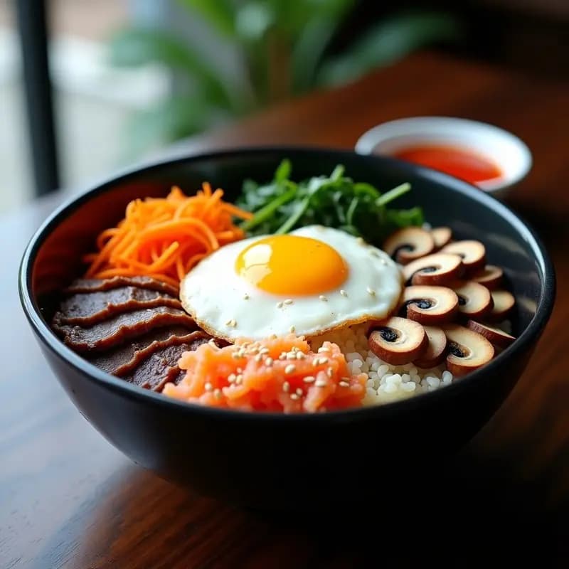 Bowl negro de cerámica con bibimbap de quinoa blanca, ternera en tiras doradas, kimchi de rábano blanco, zanahoria juliana, espinacas, champiñones shiitake, huevo frito y salsa gochujang rociada. Semillas de sésamo negro y aceite de sésamo brillante por encima. Plato coreano alto en proteína con colores vibrantes.
