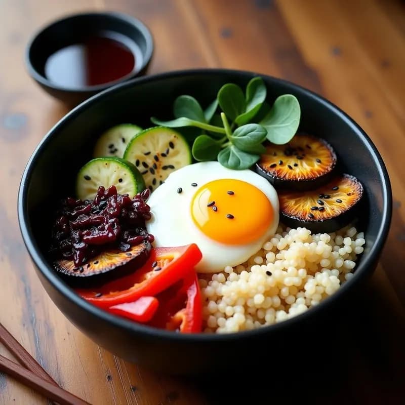 Bowl de bibimbap de quinoa con vegetales asados al horno (calabacín, berenjena, champiñones portobello y zanahoria), huevo frito con yema líquida, espinacas frescas y salsa gochujang, espolvoreado con semillas de sésamo. Receta coreana sin arroz y alta en fibra.
