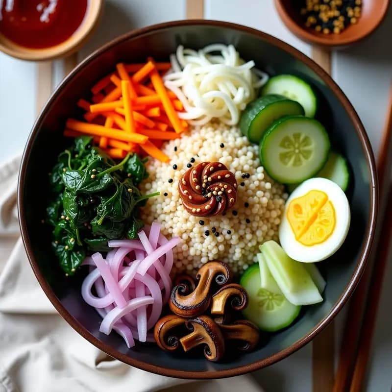 Bowl coreano vegano de quinoa tricolor con vegetales encurtidos morados y verdes, champiñones shiitake, algas nori y semillas de sésamo negro, servido con salsa gochujang vegana en zigzag.