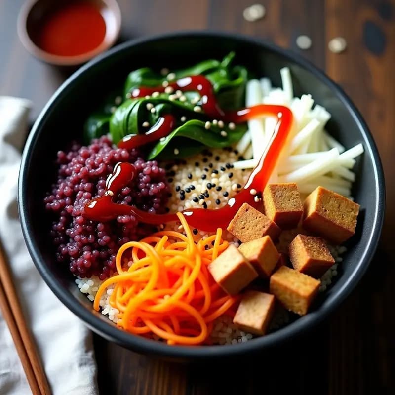 Bibimbap de quinoa tricolor en bol hondo negro, con vegetales fermentados morados y amarillos, tofu dorado, semillas de sésamo y salsa gochujang vegana. Receta coreana vegana y probiótica.