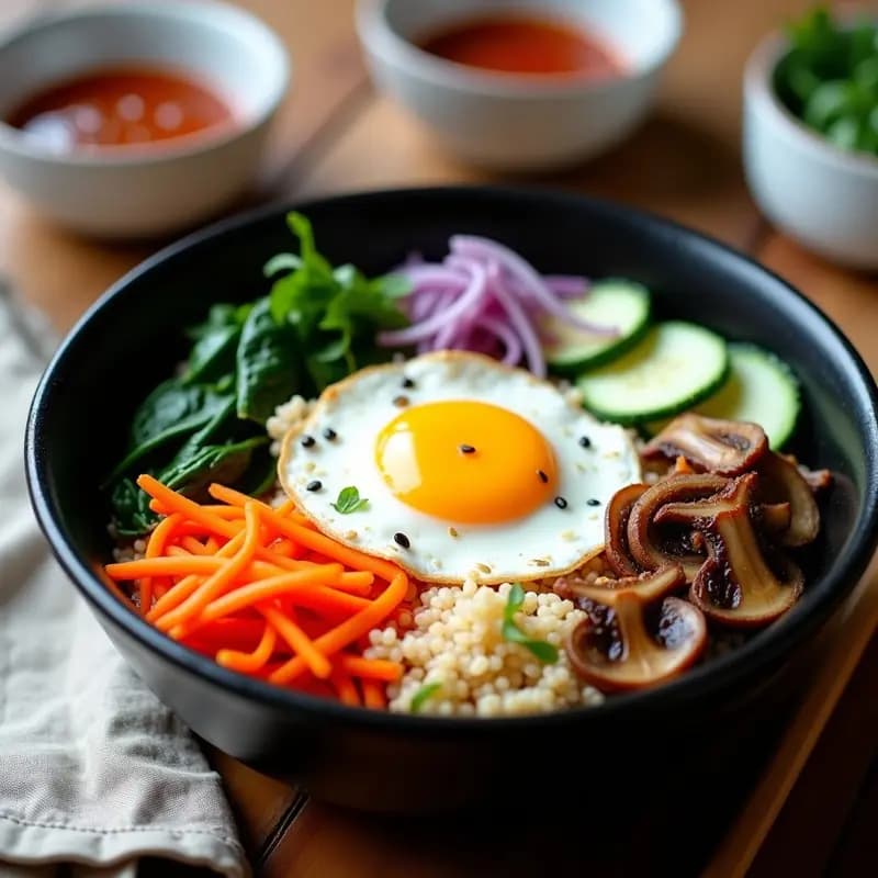 Bol coreano de cerámica negra con bibimbap de quinoa blanca, verduras coloridas (calabacín, zanahoria, pimiento rojo, espinacas y brotes de soja) dispuestas en secciones, huevo frito en el centro, salsa gochujang roja vertida encima y semillas de sésamo tostadas espolvoreadas. Receta healthy de bibimbap coreano con quinoa y verduras.