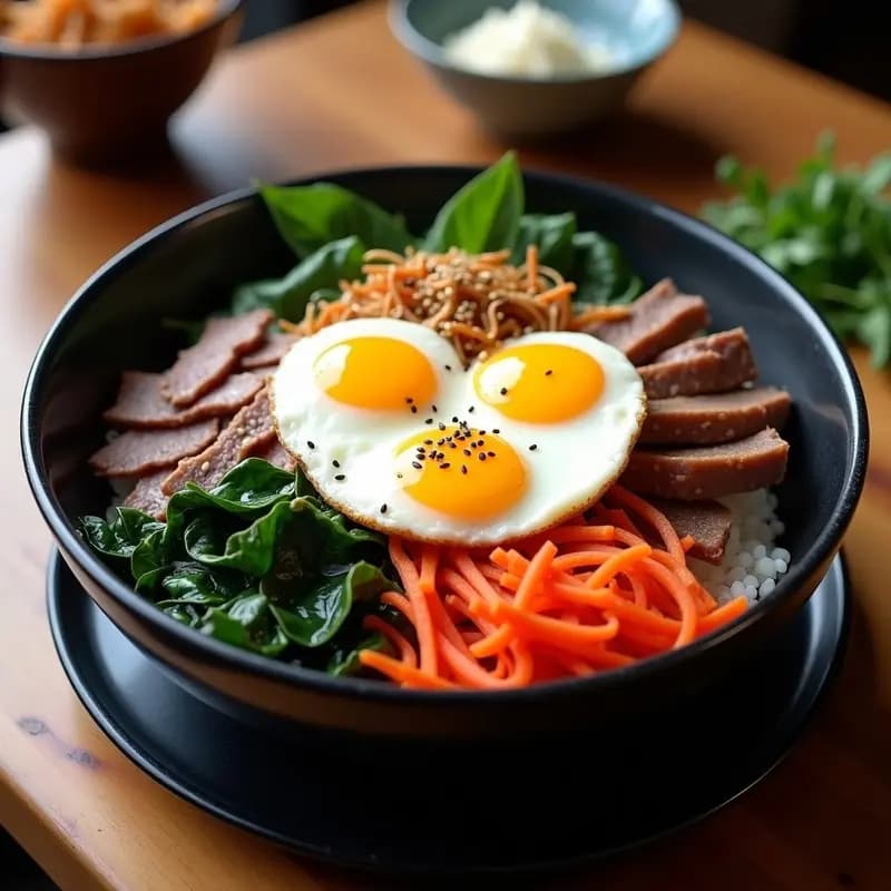Bibimbap coreano en bol hondo con arroz blanco, ternera marinada dorada, kimchi rojo vibrante, zanahoria y espinacas salteadas, huevo frito con yema líquida y semillas de sésamo espolvoreadas. Plato colorido y apetitoso, receta en Airfryer sin gluten.