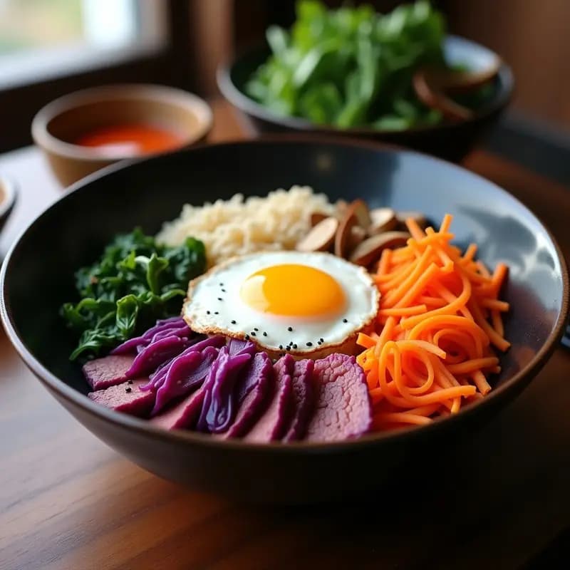 Bibimbap coreano con ternera y vegetales fermentados servido en un bol negro de cerámica, con arroz de cebada tostada en el centro, ternera marinada en tiras, kimchi de rábano, col china encurtida, zanahoria, espinacas, champiñones shiitake, huevo frito con yema líquida y semillas de sésamo negro. Plato colorido y balanceado.