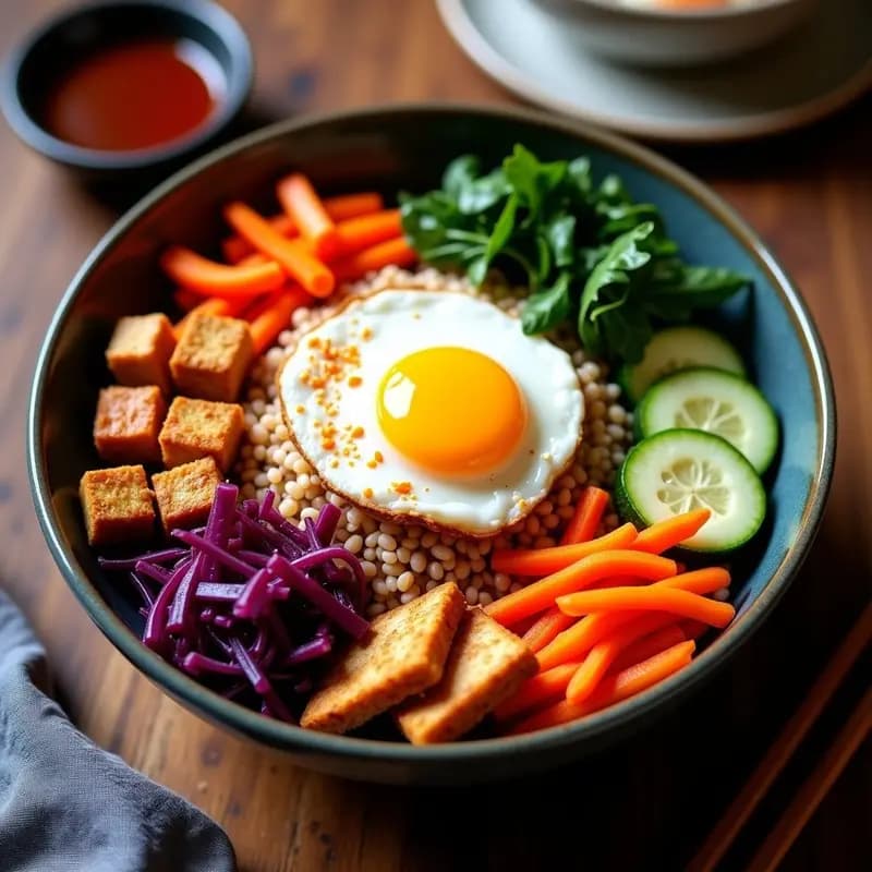 Bowl de bibimbap vegano con arroz integral germinado, tofu dorado horneado, kimchi de col rizada morada, zanahoria y espinacas salteadas, garbanzos tostados, semillas de sésamo negro y salsa gochujang. Receta coreana alta en proteína.