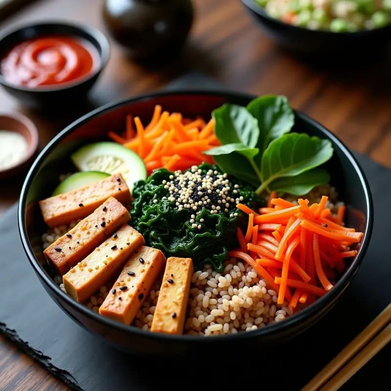 Bibimbap coreano vegano en bol negro con arroz integral, tofu dorado, zanahoria naranja, calabacín verde, espinacas, kimchi morado y semillas de sésamo. Salsa gochujang roja al lado.