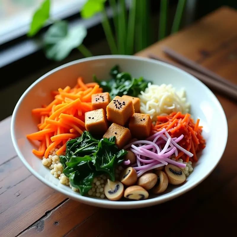 Bowl coreano vegano de bibimbap con tofu marinado dorado, arroz de coliflor, zanahoria naranja, espinacas verdes, champiñones shiitake, kimchi rojo y semillas de sésamo negro, servido en un plato hondo de cerámica blanca con aderezo rojo de gochujang.