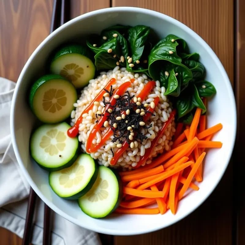 Bowl de bibimbap vegano con arroz integral, espinacas verdes salteadas, calabacín en juliana amarilla y verde, zanahoria naranja, brotes de soja y salsa gochujang roja, decorado con semillas de sésamo y alga nori, sobre fondo rústico de madera.
