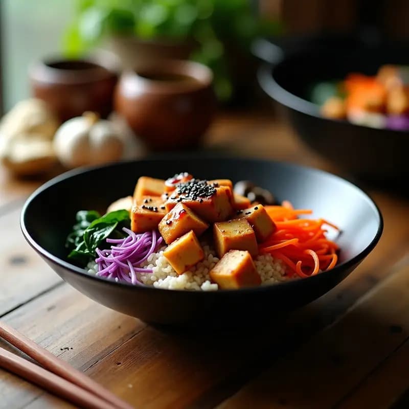 Plato hondo de cerámica negra con bibimbap vegano: arroz basmati integral como base, tofu dorado en cubos en el centro, rodeado de zanahoria morada, pimiento rojo, espinacas y champiñones shiitake salteados. Salsa gochujang con miso vertida por encima y semillas de sésamo negro espolvoreadas. Receta coreana en sartén de hierro.