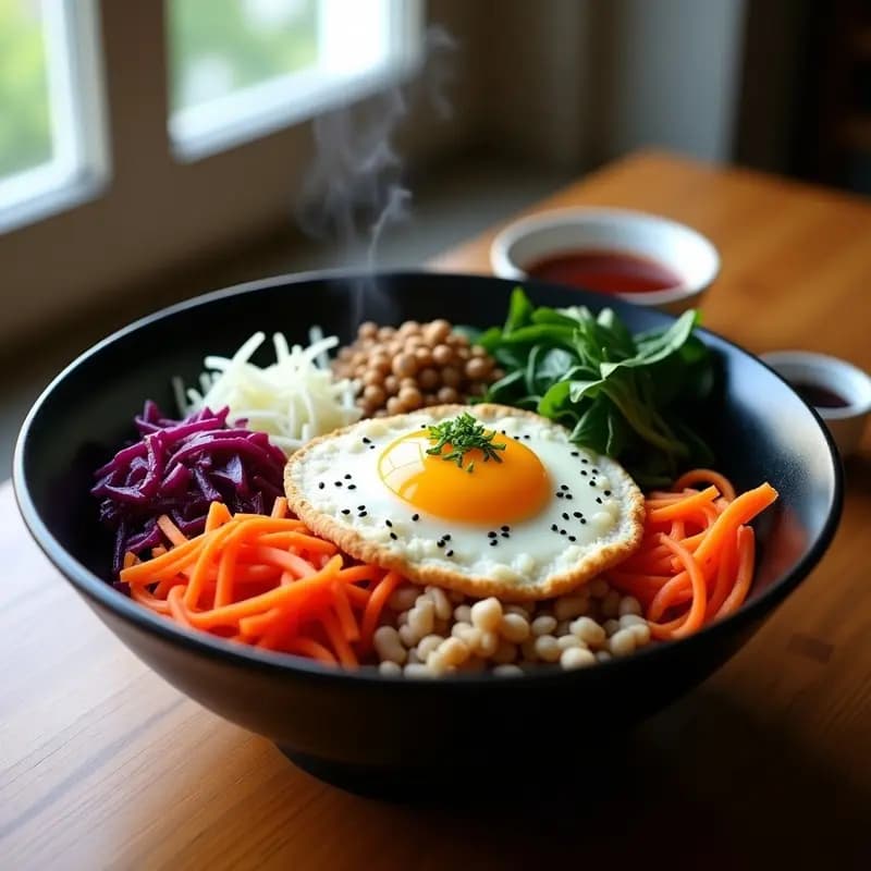 Bibimbap vegano en bol negro de cerámica con arroz integral, vegetales fermentados coloridos (kimchi y chucrut), huevo frito vegano dorado, salsa gochujang al lado y semillas de sésamo. Plato vibrante y lleno de texturas, ideal para una receta alta en probióticos.