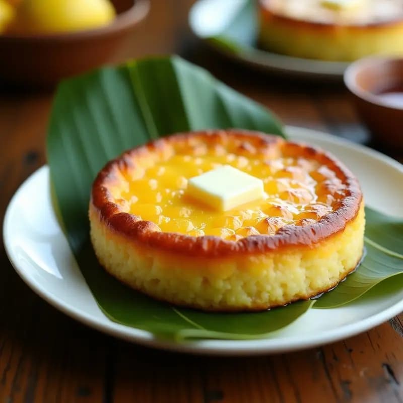 Bibingka filipina dorada en molde redondo, decorada con queso edam rallado y coco rallado, cortada en porciones esponjosas sobre fondo de madera rústica.