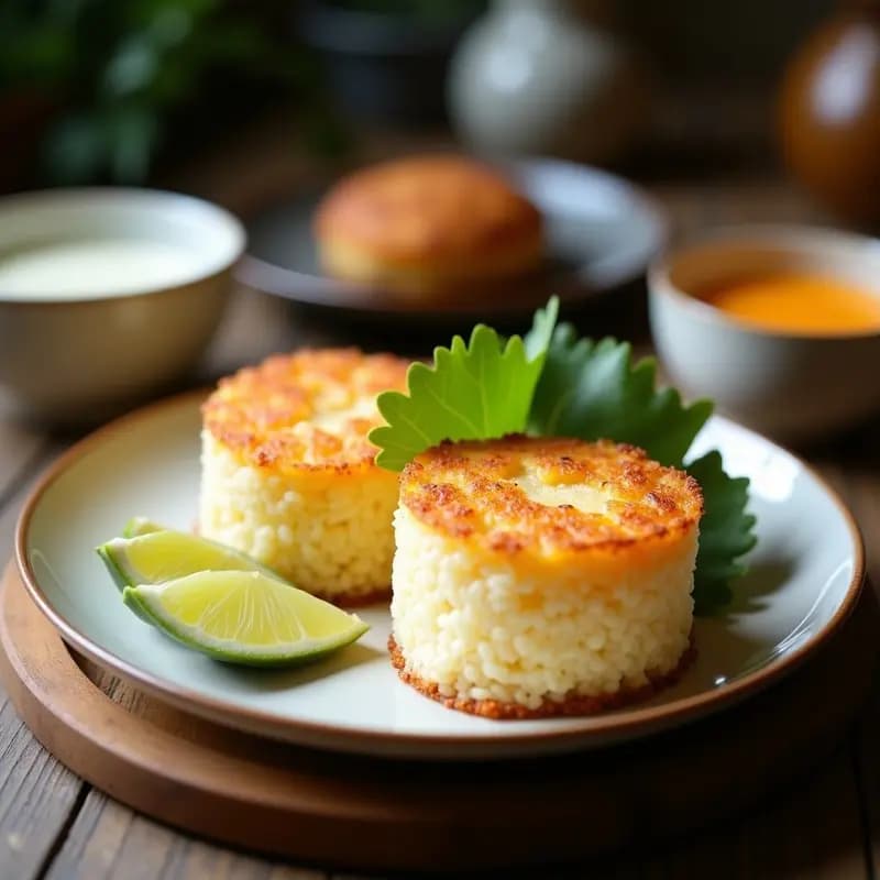 Bibingka de coco y queso Edam recién horneada en molde rectangular, con superficie dorada y queso derretido. Decorada con cebollino fresco picado y copos de coco tostados, sobre fondo de madera rústica.