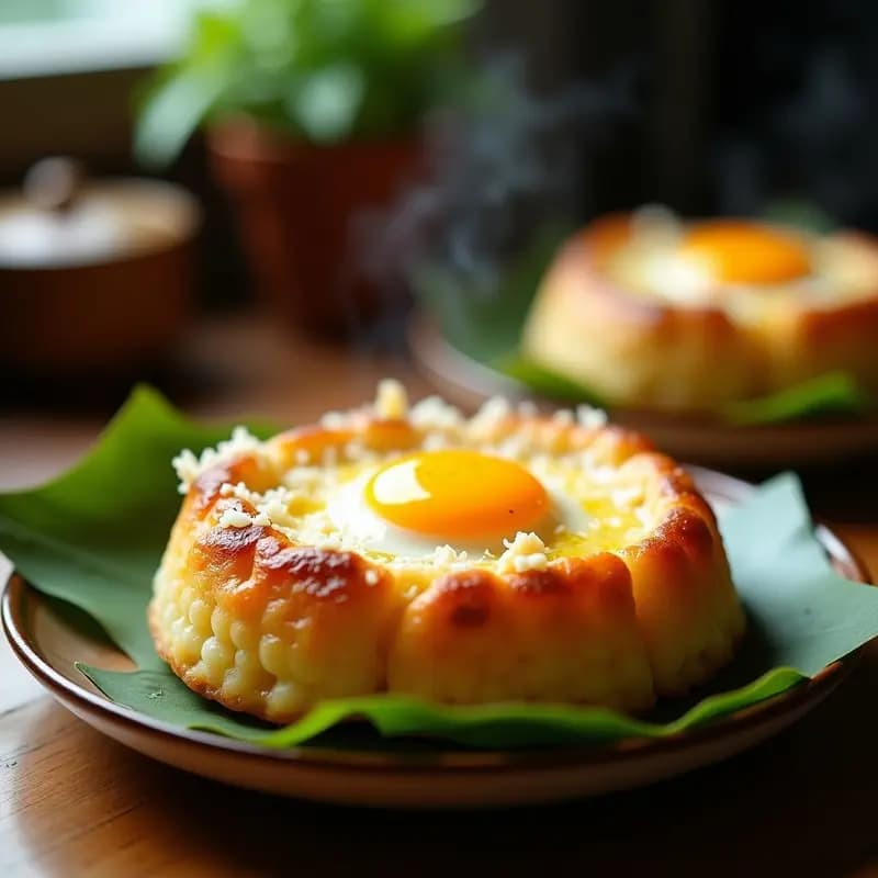 Bibingka filipina en airfryer, con base dorada de arroz glutinoso, huevo escalfado en el centro y queso Edvard derretido por encima, decorada con coco rallado. Plato tradicional presentando en molde de hojas de plátano.