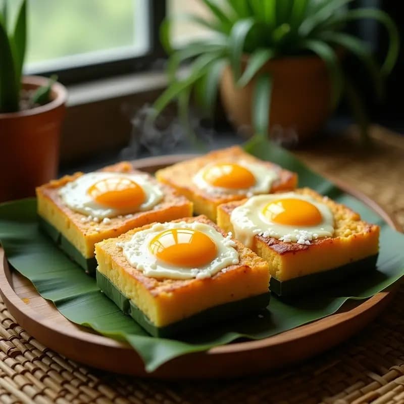 Bibingka filipina al vapor en molde de barquillo, con huevo cuajado en el centro, queso Edam derretido dorado y coco rallado espolvoreado, servida sobre hoja de plátano.