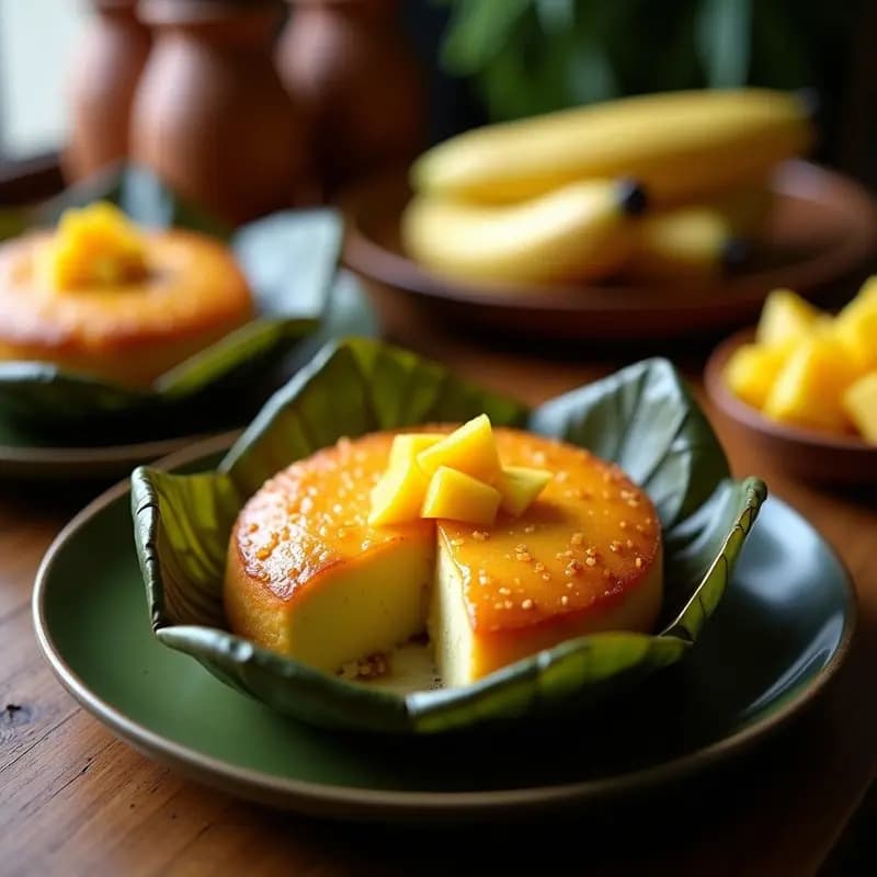 Bibingka filipina con queso Edam al horno en hoja de plátano, postre navideño tradicional con capas doradas y almendras laminadas sobre fondo rústico de madera.