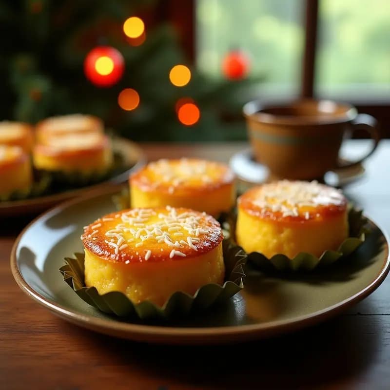 Bibingka filina dorada en airfryer, postre filipino navideño con queso Edam fundido y coco rallado, servida en molde pequeño sobre hoja de plátano.