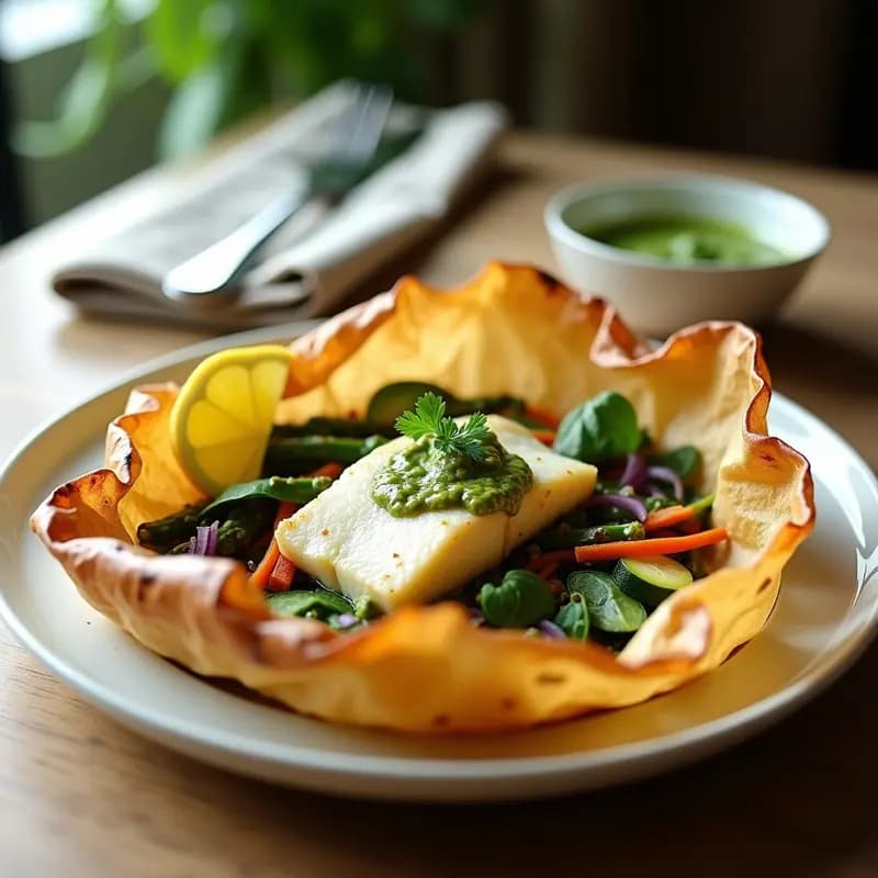Pescado blanco en papillote abierto sobre plato de porcelana blanca, acompañado de calabacín, zanahoria y espárragos al vapor, bañado en salsa verde francesa cremosa con perejil y estragón. Receta de Bievement de Pescado con Verduras y Salsa Verde.