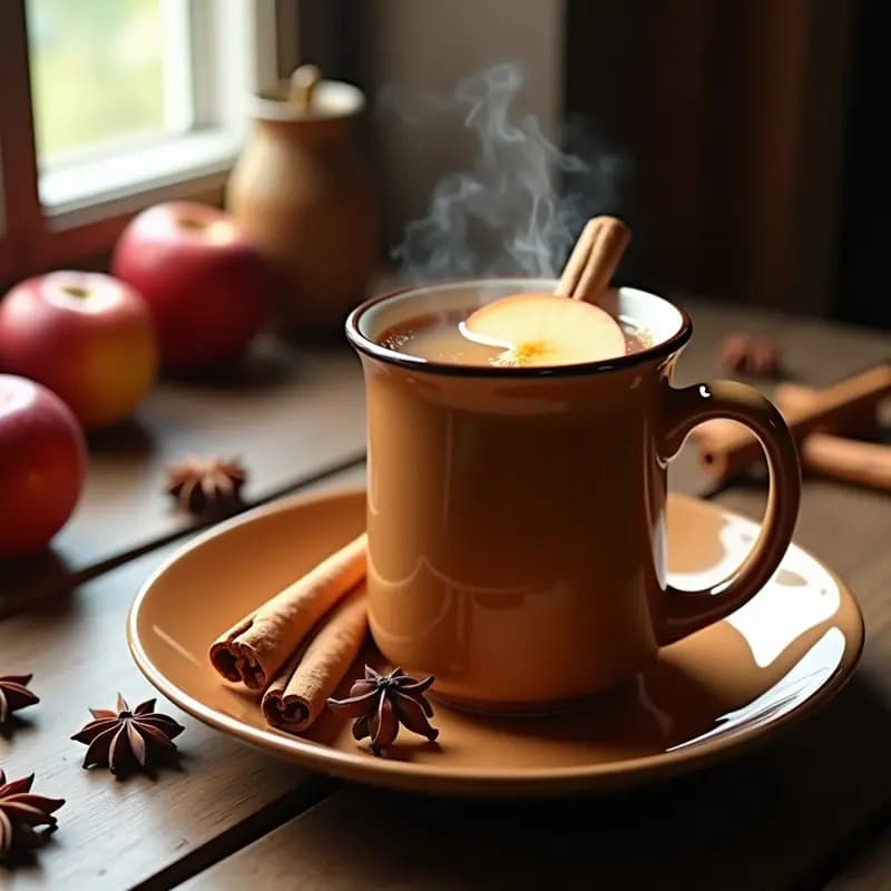 Taza de cerámica rústica humeante con Bieren de manzana y canela, decorada con rodaja de manzana y rama de canela, sobre una mesa de madera con especias al fondo.
