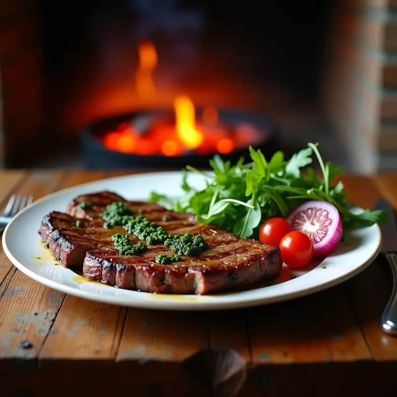 Plato de madera rústico con rodajas gruesas de bife a la brasa jugoso, chimichurri verde brillante y ensalada fresca de lechuga, tomate cherry y pepino. Fondo de parrilla con brasas humeantes.