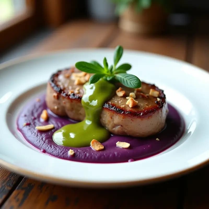 Plato elegante de porcelana blanca con bifteck a la pimienta verde cortado en láminas sobre un puré de ñame morado cremoso, bañado en salsa brillante de pimienta verde. Decorado con granos de pimienta y hojas de tomillo fresco.