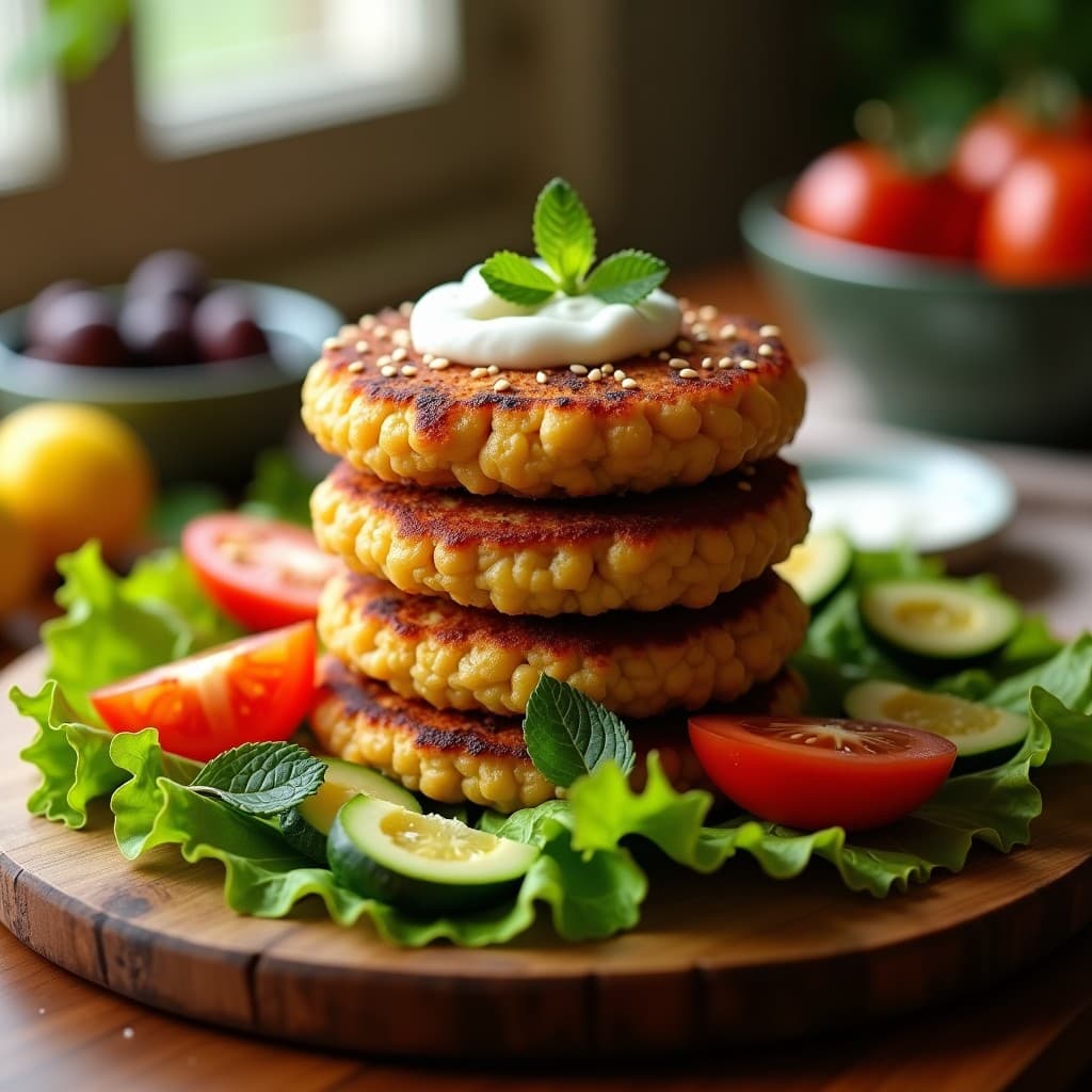 Bifteki de garbanzos y calabacín dorados en Airfryer, apilados con semillas de sésamo, servidos sobre hoja de lechuga con rodajas de tomate y salsa de yogur, estilo hamburguesa griega saludable.