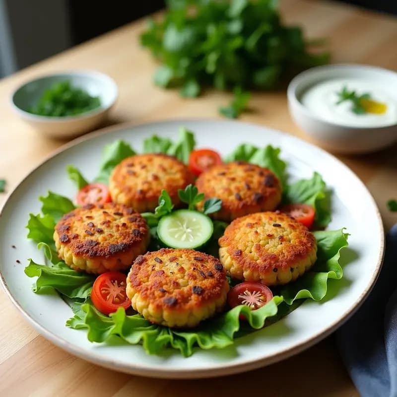 Plato con bifteki de garbanzos y hierbas doradas, servidas sobre una cama de lechuga fresca con rodajas de tomate y pepino, acompañadas de un bol de salsa de yogur cremosa con eneldo. Receta griega vegana crujiente y alta en proteínas.