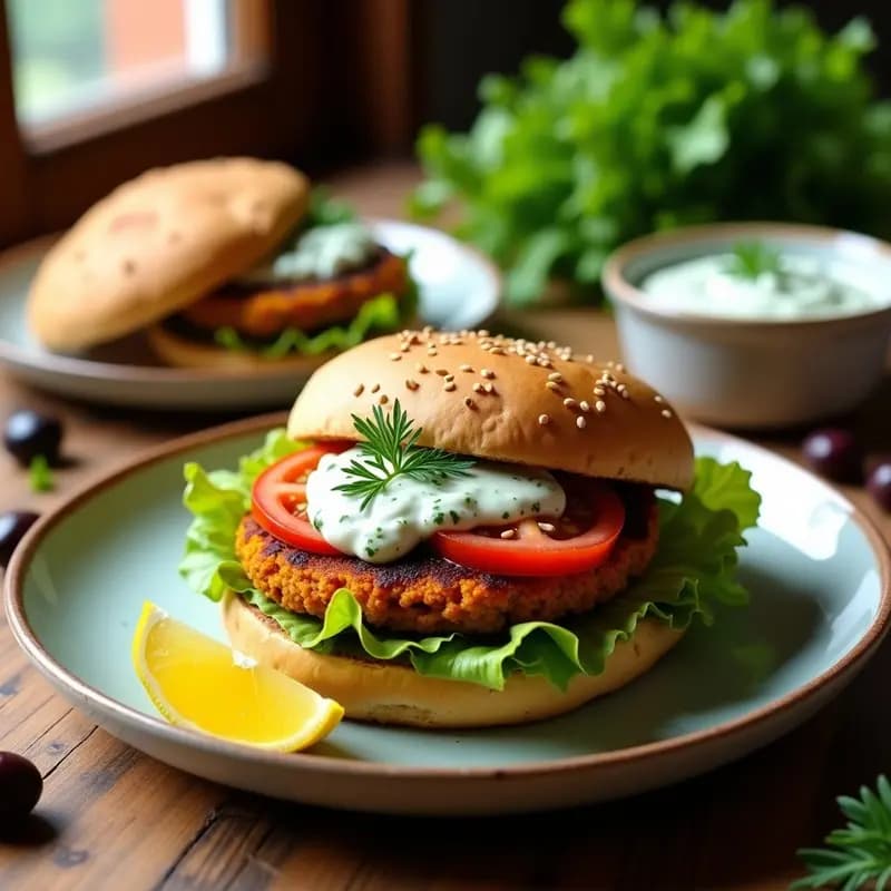 Bifteki Griego de Lentejas dorado y crujiente sobre pan de pita integral, acompañado de salsa tzatziki vegana cremosa, rodajas de pepino, tomate y cebolla morada. Plato con toque mediterráneo y hierbas frescas.
