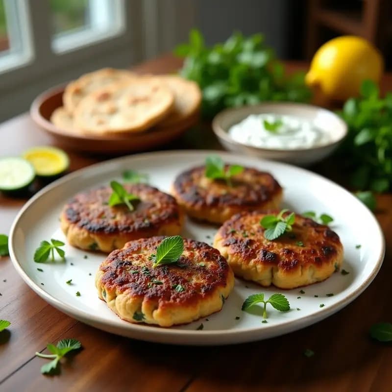 Plato de Bifteki griegas doradas con hierbas frescas, acompañadas de salsa tzatziki cremosa y pan de pita tostado, receta tradicional mediterránea.