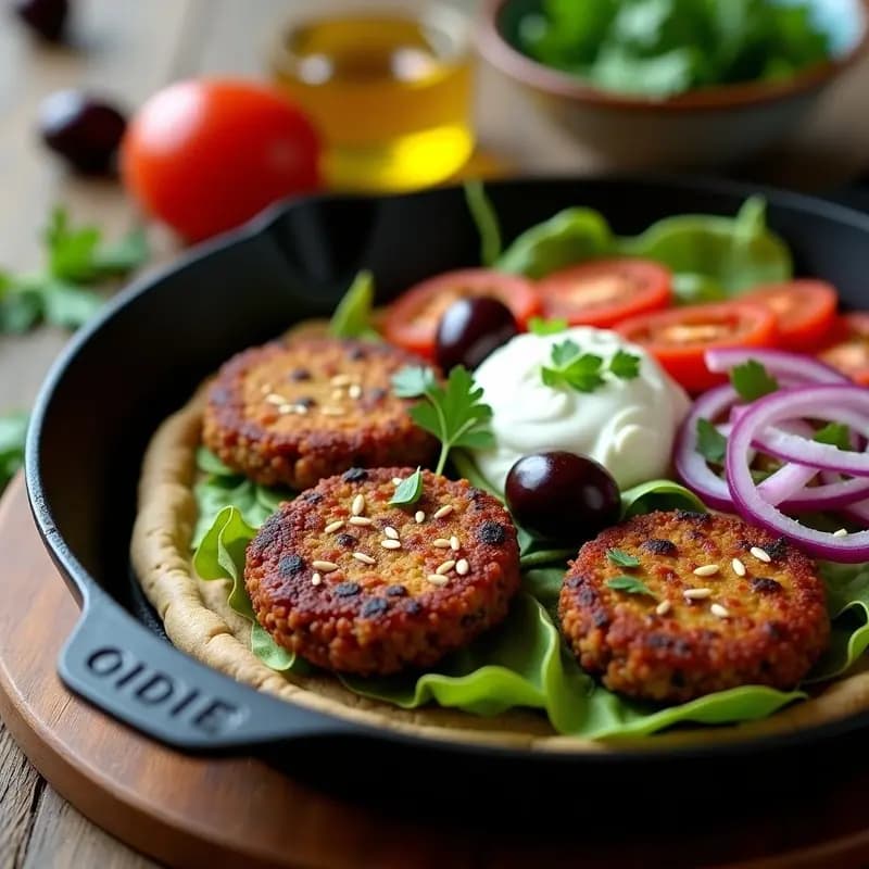 Bifteki vegano de lentejas y remolacha doradas en sartén, con textura crujiente por fuera y jugosa por dentro, servidas en pan de pita integral con tzatziki, rodajas de tomate y lechuga morada. Plato griego vibrante y saludable.