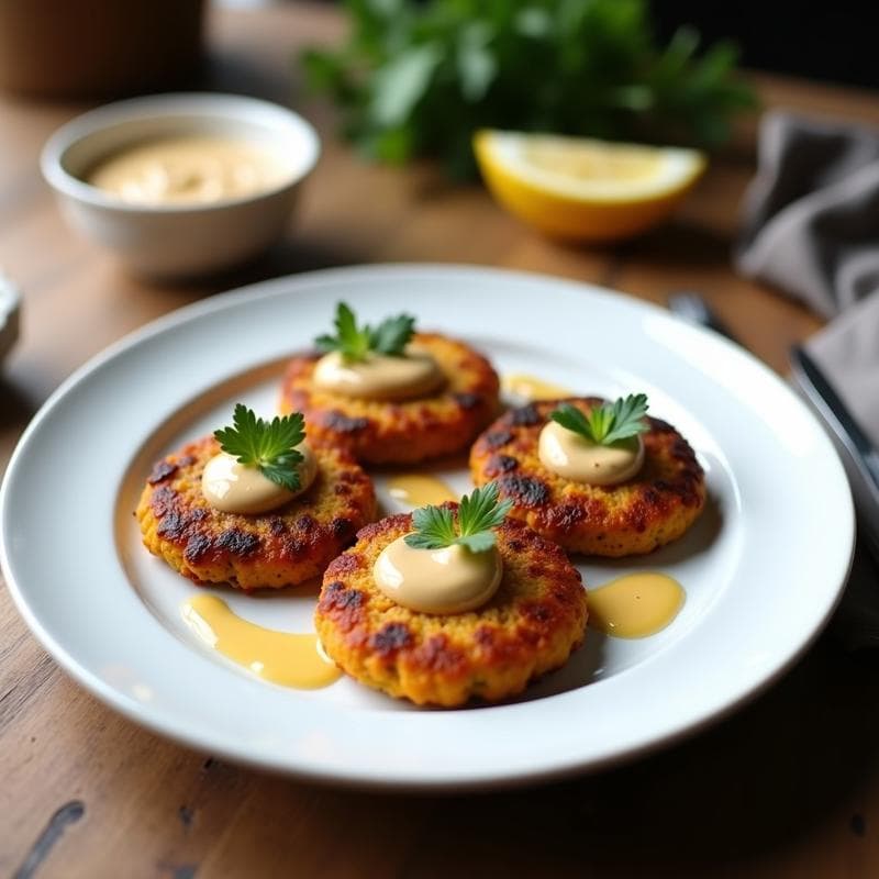 Plato griego con bifteki veganos dorados de lentejas rojas y calabaza, servidos con salsa de tahini cremosa y perejil fresco, sobre fondo rústico de madera.