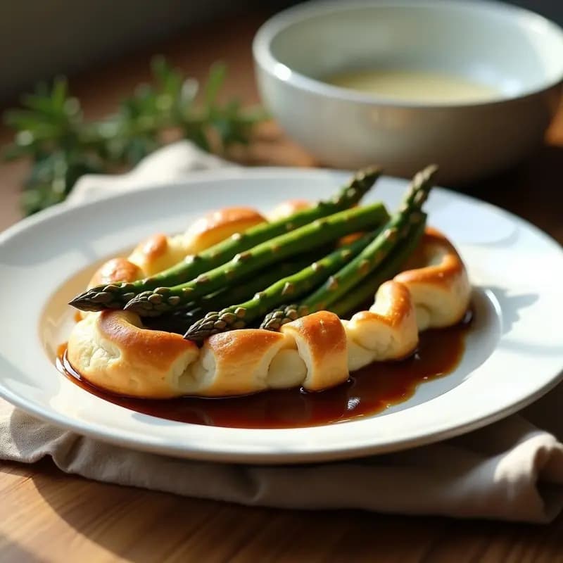 Bigne de hojaldre dorado relleno de crema de ricotta esponjosa, coronado con espárragos verdes salteados en abanico y bañado con reducción brillante de vinagre balsámico, servido en plato blanco sobre mantel rústico.