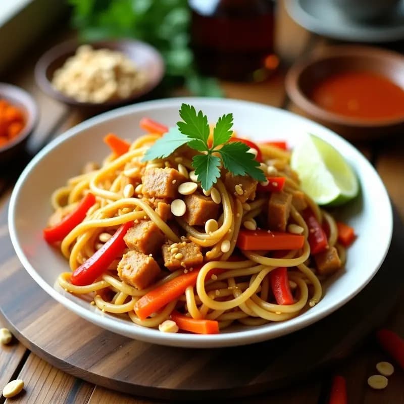 Plato de Bihun Goreng vegano con fideos de arroz salteados, tempeh dorado en cubos, zanahoria, pimiento rojo y brotes de soja, bañados en una salsa de cacahuete picante espesa. Decorado con cebollino fresco y servido en un bol de cerámica blanca sobre fondo de madera oscura.