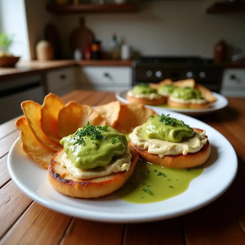 Bikini catalán vegano abierto mostrando capas de hummus cremoso, láminas de aguacate verde, rodajas de tomate rojo, brotes de alfalfa y pan integral tostado, con un toque de pimentón dulce espolvoreado.