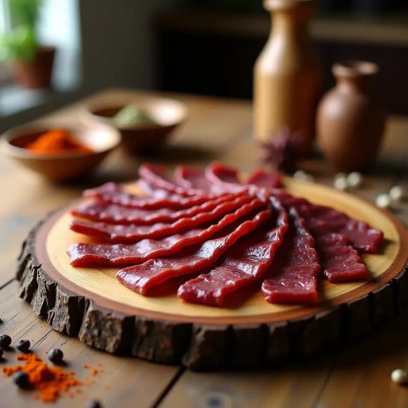 Rodajas finas de biltong de ternera secado al viento, con un color marrón rojizo intenso, dispuestas en un plato de madera rústico junto a semillas de coriandro y hojas de laurel. Snack alto en proteína y sin aceite.
