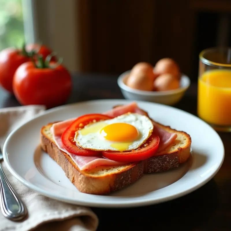 Plato blanco rústico con una rebanada de pan tostado dorado, cubierto con tomate maduro triturado, un chorro de aceite de oliva virgen extra y láminas de jamón serrano, típico desayuno catalán tradicional llamado bimba.