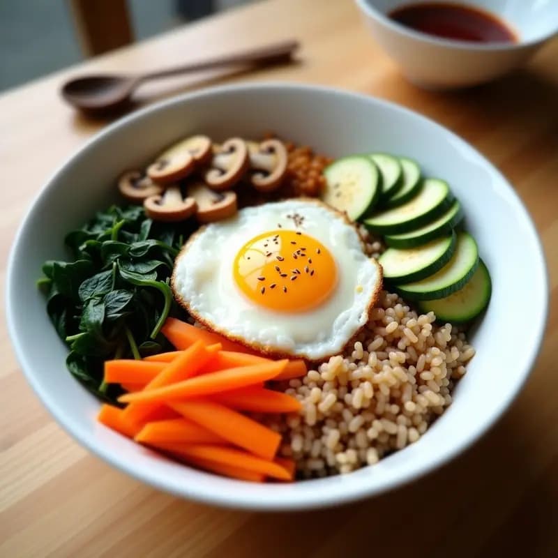 Bowl de porcelana blanca con bimbimbap coreano: arroz integral en la base, verduras asadas en airfryer (zanahoria, calabacín, champiñones shiitake y espinacas) dispuestas en secciones, huevo frito con yema líquida en el centro, semillas de sésamo tostadas espolvoreadas y salsa gochujang sin gluten al lado. Plato colorido, saludable y sin gluten.