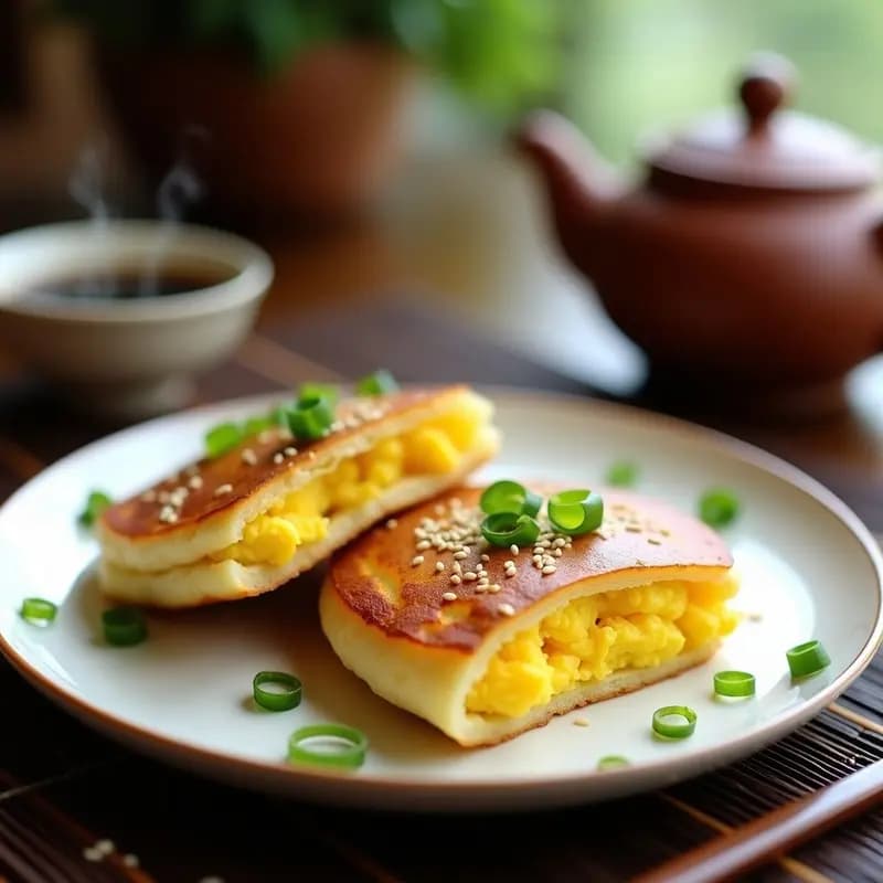 Plato blanco con dos tortitas chinas doradas (Bing) rellenas de huevo cuajado y cebollino fresco, servidas sobre un mantel de bambú con un cuenco de salsa de soja al lado. Receta de desayuno chino tradicional.