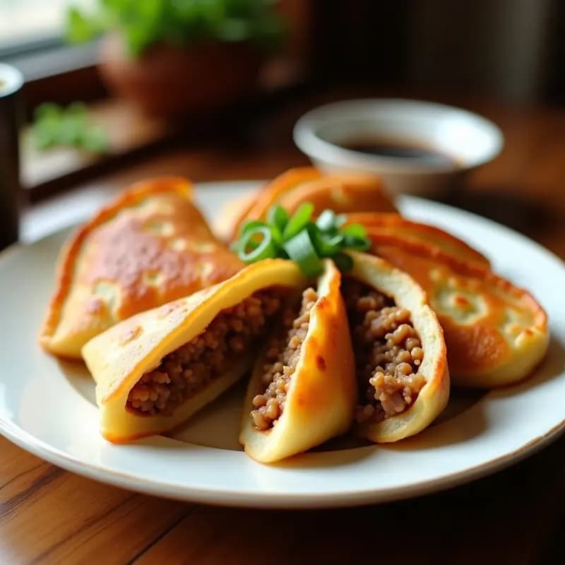 Plato de B 肉饼 (Bing de Carne) chinos: panqueques dorados y crujientes rellenos de cerdo jugoso y repollo salteado, dispuestos en un plato de cerámica blanca con un cuenco de salsa de soja y cebolla verde al lado.