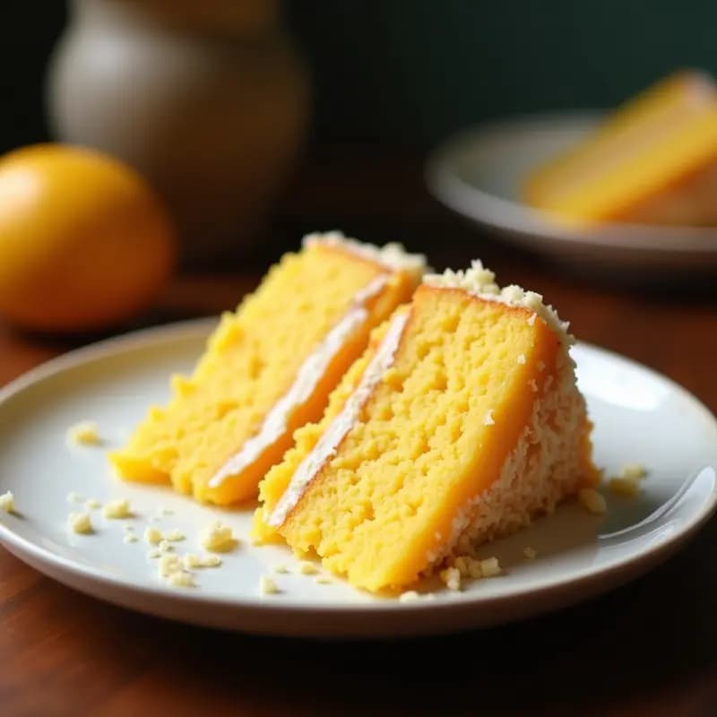 Bingkat Filipina de mango y coco rallado servida en porciones cuadradas sobre un plato de cerámica blanca, con trozos de mango fresco y coco rallado espolvoreado por encima, fondo borroso con hojas de palma.