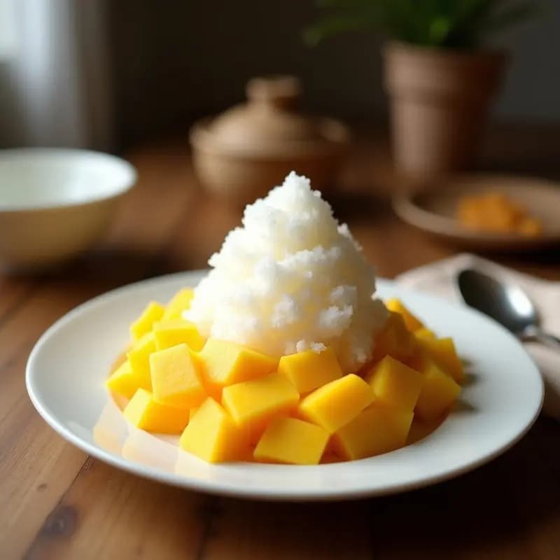 Bingsu de mango y coco sin azúcar en un bol transparente, con capas de hielo raspado, crema de mango y coco, decorado con coco rallado, semillas de sésamo negro y hojas de menta.