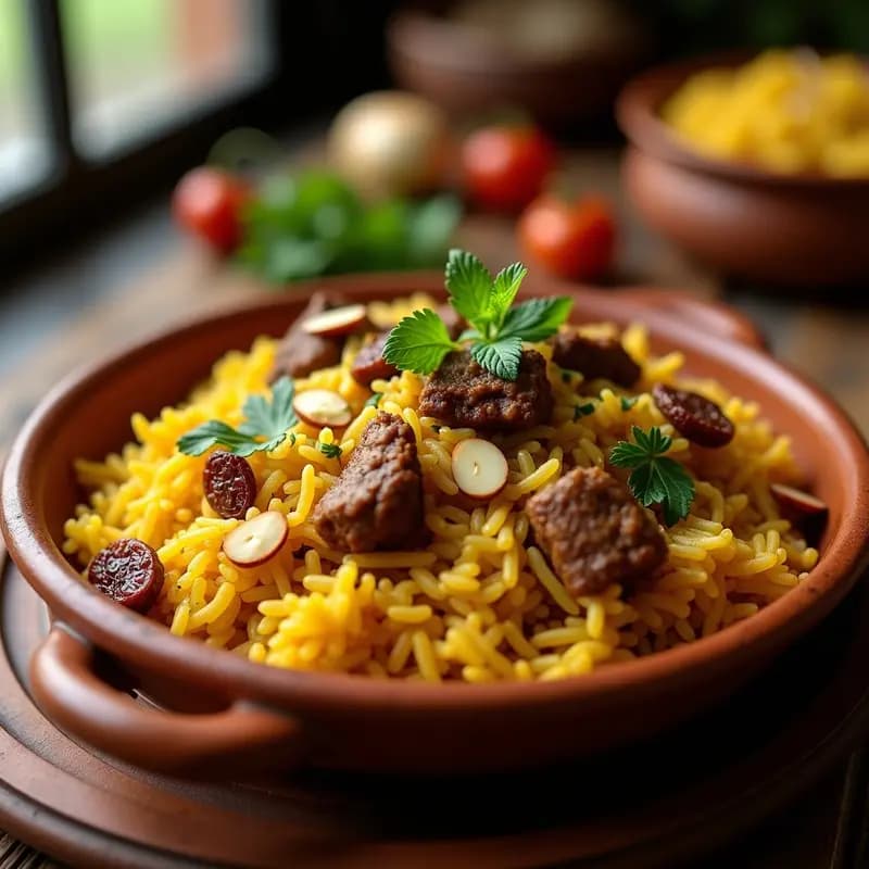 Plato hondo de barro con biriyani de cordero con azafrán y pasas, arroz basmati amarillo dorado, trozos de cordero jugoso, pasas y almendras tostadas, decorado con cilantro fresco y hojas de menta, receta india especiada en olla a presión.