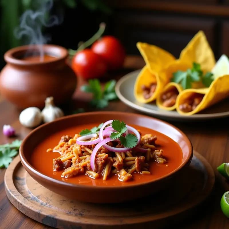 Tacones dorados de maíz rellenos de birria vegana de hongos ostra y jackfruit, bañados en consomé especiado, sobre un plato de barro con lechuga morada, cilantro y limón. Receta estilo Jalisco.