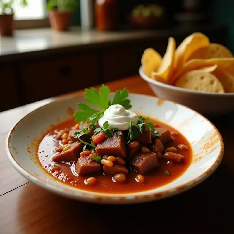 Tazón de barro hondo con birria de res en consomé espeso de chiles, acompañado de tostadas de maíz azul, cebolla morada, cilantro y limón verde para mojar.