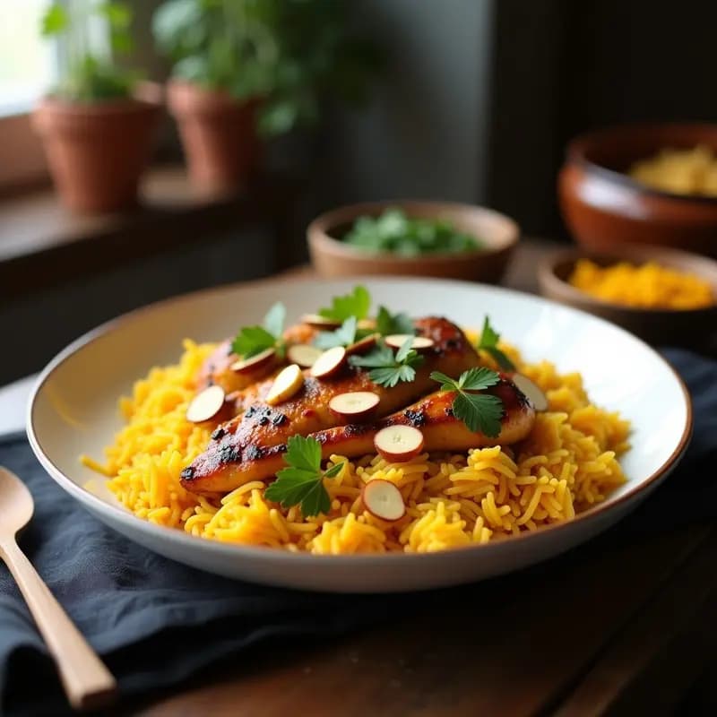 Plato hondo de cerámica blanca con biryani de pollo con azafrán y almendras, arroz basmati dorado, trozos de pollo marinado, almendras tostadas y hierbas frescas, servido con cucharón de madera sobre mantel rústico.