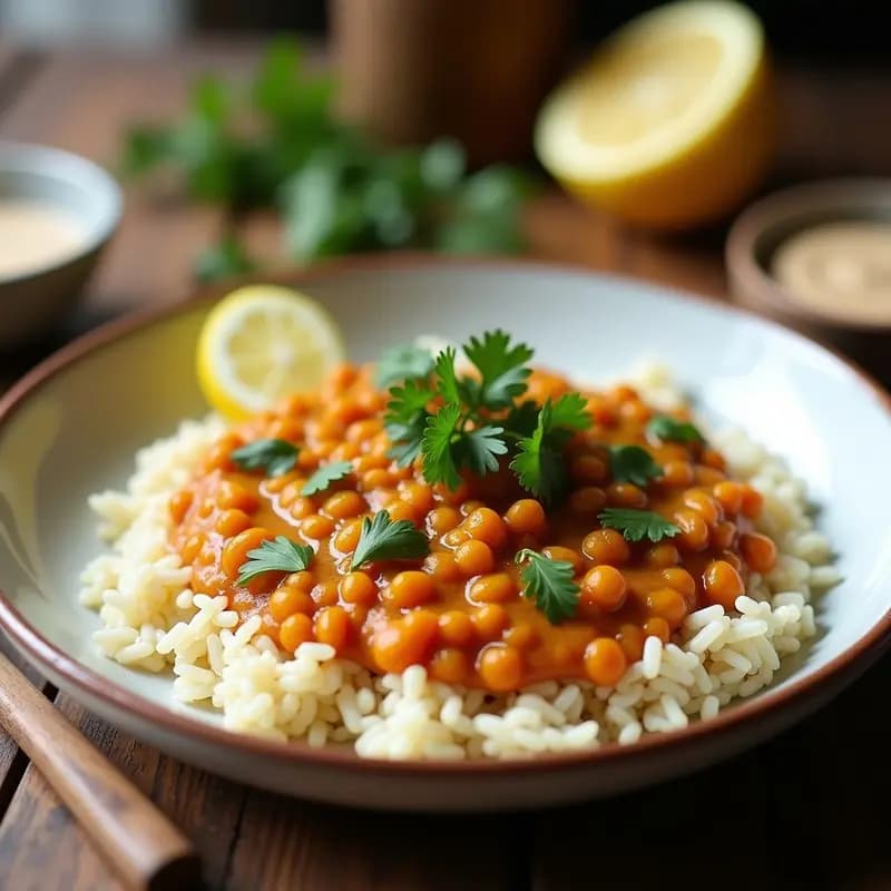 Plato hondo de cerámica blanca con Bisanté de lentejas rojas estofadas sobre una base de arroz basmati esponjoso, decorado con perejil fresco y un hilo de aceite de oliva, con rodajas de limón al lado.