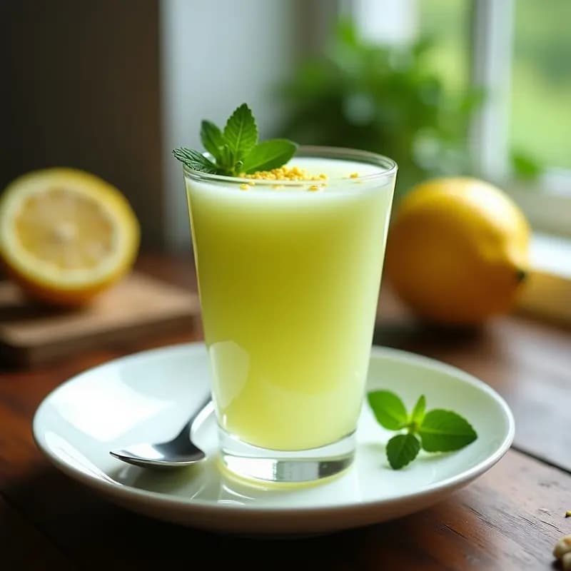 Bisce Glacé de limón y hierbabuena servido en copa de cristal transparente, con textura gelificada y brillo natural. Decorado con hojas frescas de hierbabuena y semillas de amapola espolvoreadas. Fondo borroso con limones cortados y luz natural suave.