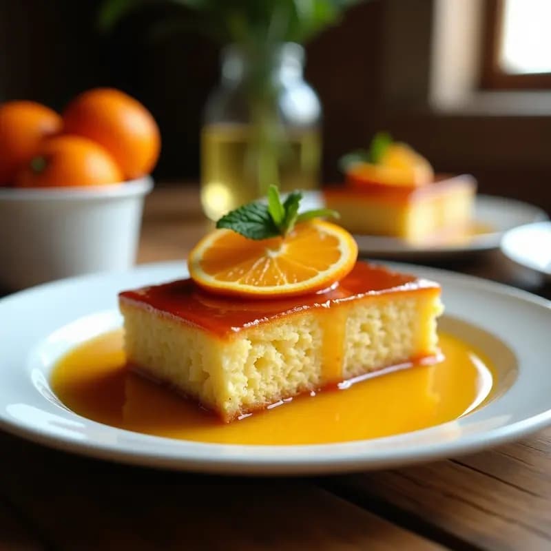 Biscocho borracho de naranja cubano en plato blanco, empapado en almíbar dorado, con rodajas de naranja fresca y hojas de menta como decoración.