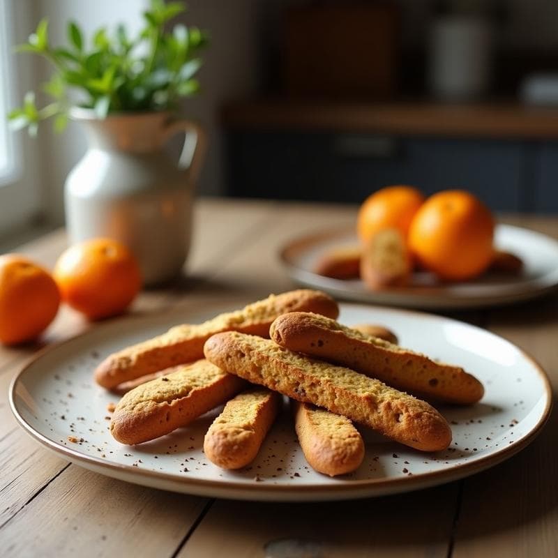 Bandeja de madera con biscotti de almendra y cacao con esencia de naranja keto, cortados en rodajas diagonales, dorados y crujientes, dispuestos junto a una taza de café y rodajas de naranja fresca.