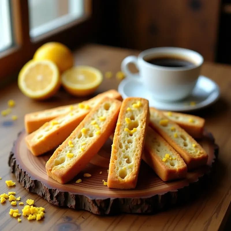 Bandeja de madera con biscotti de almendra y cáscara de limón keto, dorados y crujientes, dispuestos en forma de abanico junto a una taza de café espresso y rodajas de limón fresco.